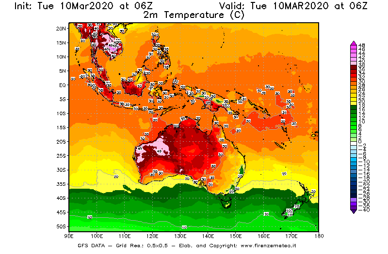 Mappa di analisi GFS - Temperatura a 2 metri dal suolo [°C] in Oceania
									del 10/03/2020 06 <!--googleoff: index-->UTC<!--googleon: index-->