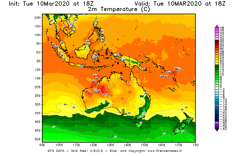Mappa di analisi GFS - Temperatura a 2 metri dal suolo [°C] in Oceania
									del 10/03/2020 18 <!--googleoff: index-->UTC<!--googleon: index-->