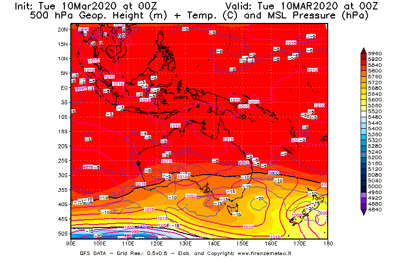 Mappa di analisi GFS - Geopotenziale [m] + Temp. [°C] a 500 hPa + Press. a livello del mare [hPa] in Oceania
									del 10/03/2020 00 <!--googleoff: index-->UTC<!--googleon: index-->