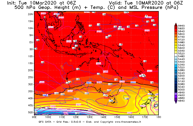 Mappa di analisi GFS - Geopotenziale [m] + Temp. [°C] a 500 hPa + Press. a livello del mare [hPa] in Oceania
									del 10/03/2020 06 <!--googleoff: index-->UTC<!--googleon: index-->