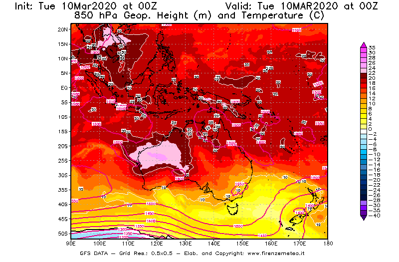 Mappa di analisi GFS - Geopotenziale [m] e Temperatura [°C] a 850 hPa in Oceania
									del 10/03/2020 00 <!--googleoff: index-->UTC<!--googleon: index-->