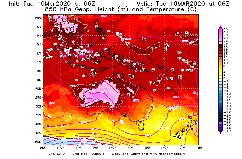 Mappa di analisi GFS - Geopotenziale [m] e Temperatura [°C] a 850 hPa in Oceania
									del 10/03/2020 06 <!--googleoff: index-->UTC<!--googleon: index-->