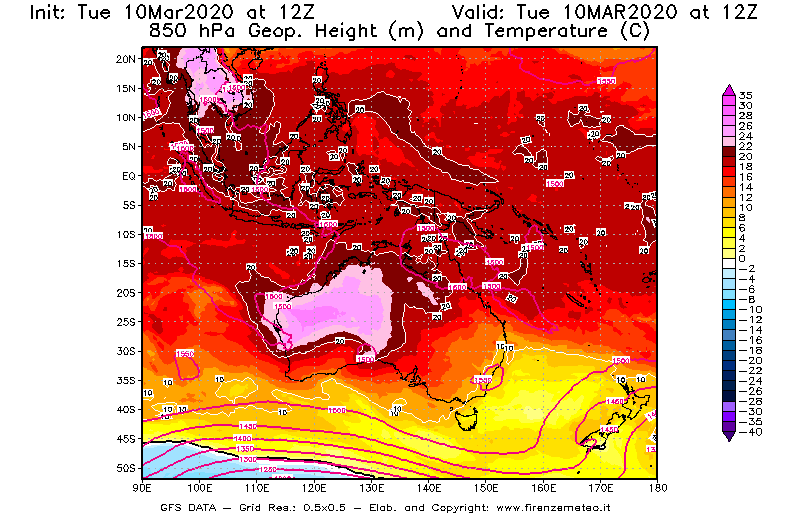 Mappa di analisi GFS - Geopotenziale [m] e Temperatura [°C] a 850 hPa in Oceania
									del 10/03/2020 12 <!--googleoff: index-->UTC<!--googleon: index-->
