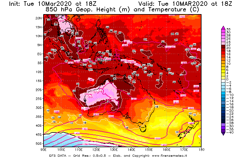 Mappa di analisi GFS - Geopotenziale [m] e Temperatura [°C] a 850 hPa in Oceania
									del 10/03/2020 18 <!--googleoff: index-->UTC<!--googleon: index-->