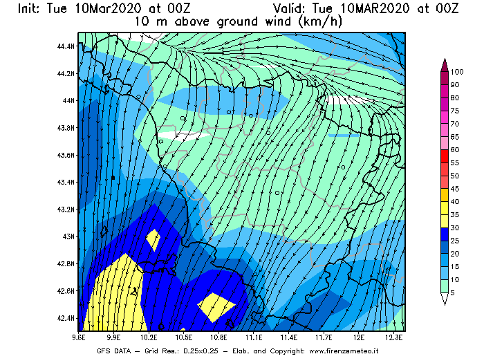 Mappa di analisi GFS - Velocità del vento a 10 metri dal suolo [km/h] in Toscana
									del 10/03/2020 00 <!--googleoff: index-->UTC<!--googleon: index-->