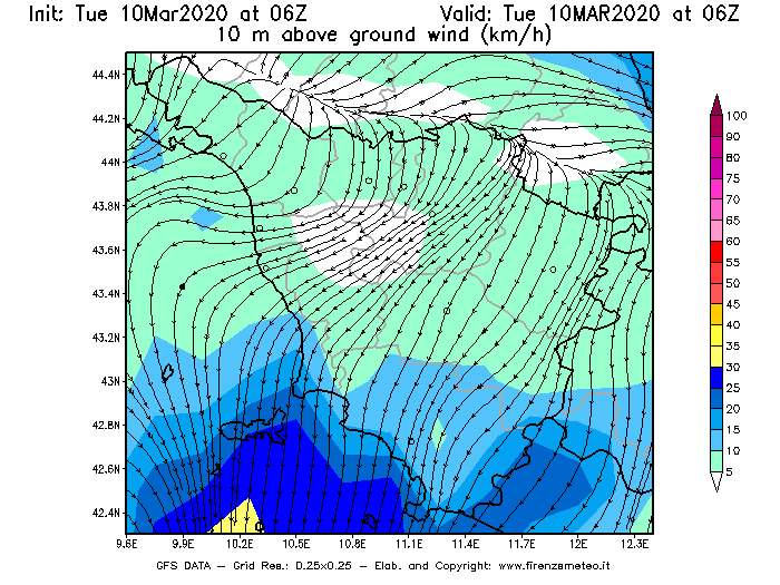 Mappa di analisi GFS - Velocità del vento a 10 metri dal suolo [km/h] in Toscana
									del 10/03/2020 06 <!--googleoff: index-->UTC<!--googleon: index-->