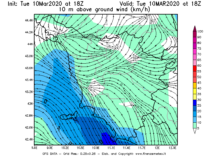 Mappa di analisi GFS - Velocità del vento a 10 metri dal suolo [km/h] in Toscana
									del 10/03/2020 18 <!--googleoff: index-->UTC<!--googleon: index-->