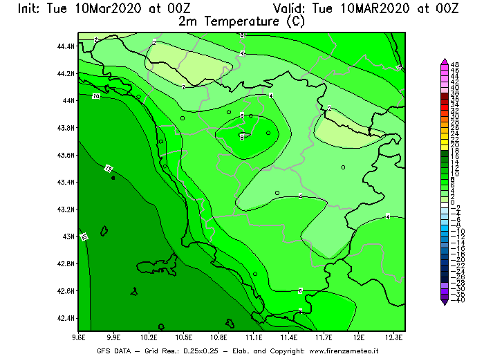 Mappa di analisi GFS - Temperatura a 2 metri dal suolo [°C] in Toscana
									del 10/03/2020 00 <!--googleoff: index-->UTC<!--googleon: index-->