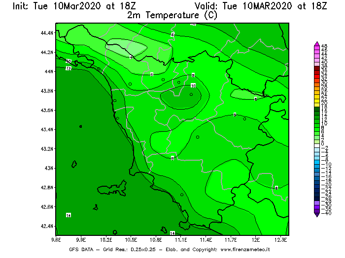 Mappa di analisi GFS - Temperatura a 2 metri dal suolo [°C] in Toscana
									del 10/03/2020 18 <!--googleoff: index-->UTC<!--googleon: index-->