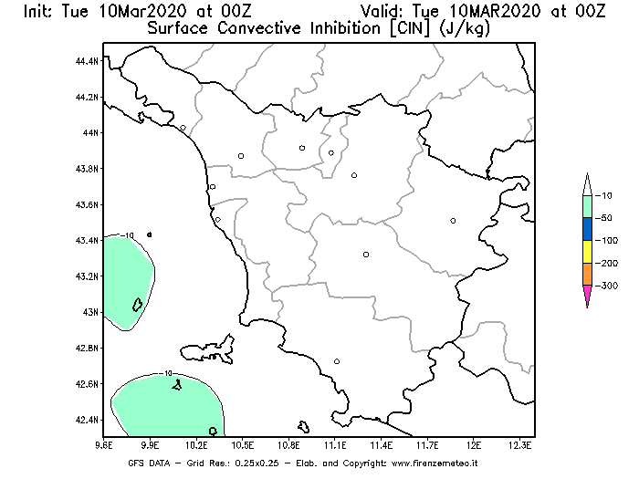 Mappa di analisi GFS - CIN [J/kg] in Toscana
									del 10/03/2020 00 <!--googleoff: index-->UTC<!--googleon: index-->