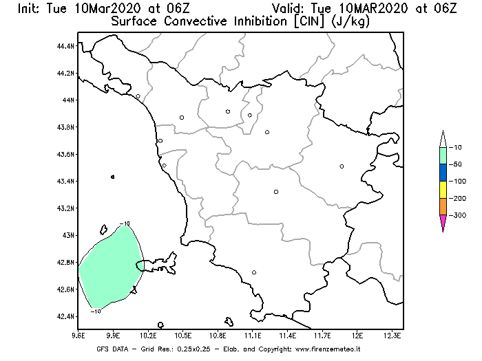 Mappa di analisi GFS - CIN [J/kg] in Toscana
									del 10/03/2020 06 <!--googleoff: index-->UTC<!--googleon: index-->