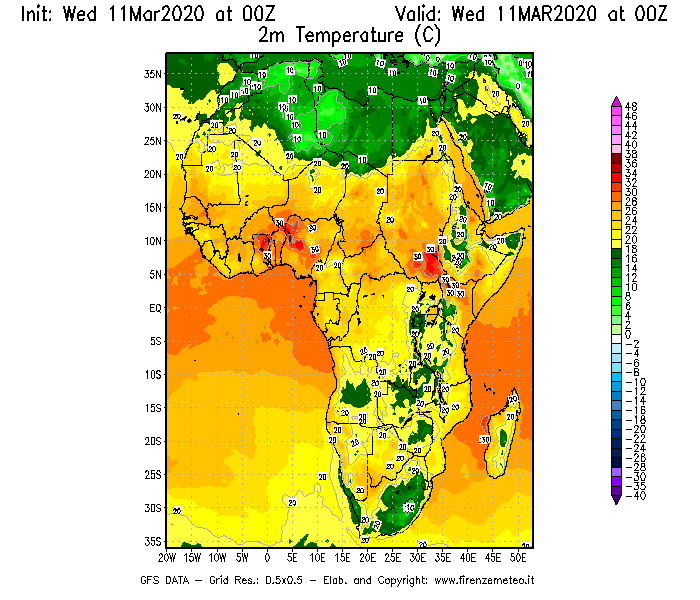 Mappa di analisi GFS - Temperatura a 2 metri dal suolo [°C] in Africa
							del 11/03/2020 00 <!--googleoff: index-->UTC<!--googleon: index-->