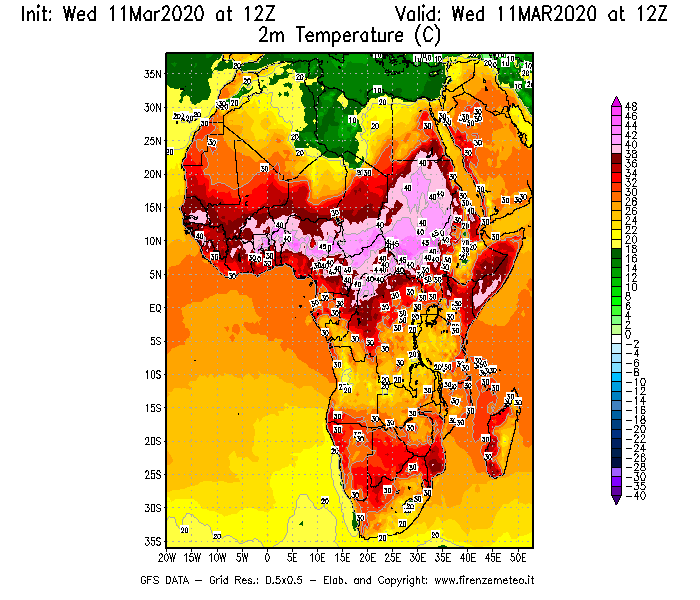 Mappa di analisi GFS - Temperatura a 2 metri dal suolo [°C] in Africa
							del 11/03/2020 12 <!--googleoff: index-->UTC<!--googleon: index-->