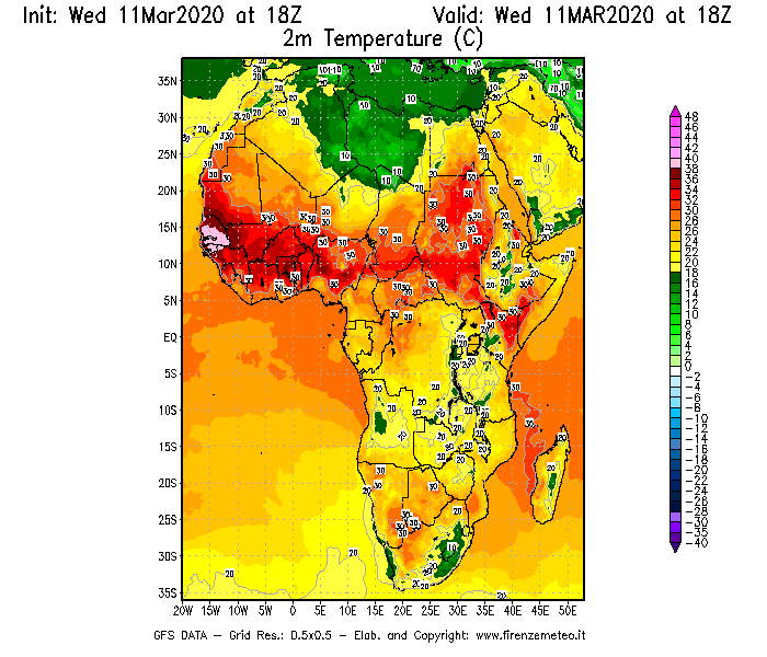 Mappa di analisi GFS - Temperatura a 2 metri dal suolo [°C] in Africa
							del 11/03/2020 18 <!--googleoff: index-->UTC<!--googleon: index-->