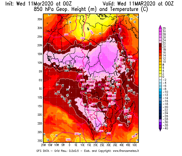 Mappa di analisi GFS - Geopotenziale [m] e Temperatura [°C] a 850 hPa in Africa
							del 11/03/2020 00 <!--googleoff: index-->UTC<!--googleon: index-->
