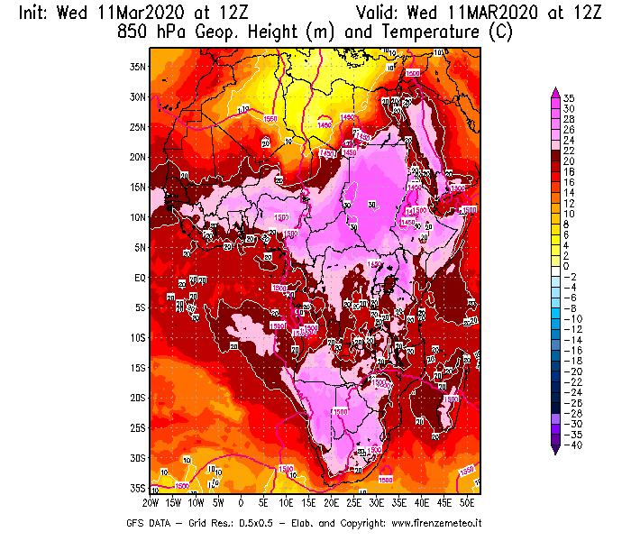 Mappa di analisi GFS - Geopotenziale [m] e Temperatura [°C] a 850 hPa in Africa
							del 11/03/2020 12 <!--googleoff: index-->UTC<!--googleon: index-->