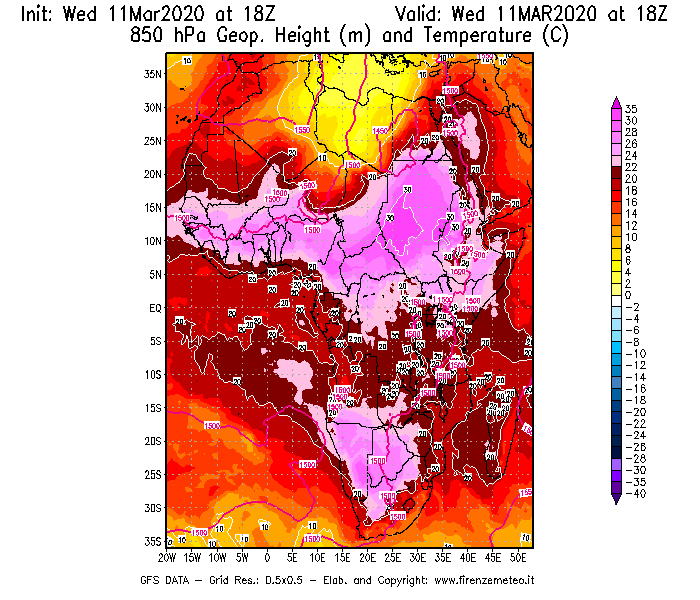 Mappa di analisi GFS - Geopotenziale [m] e Temperatura [°C] a 850 hPa in Africa
							del 11/03/2020 18 <!--googleoff: index-->UTC<!--googleon: index-->