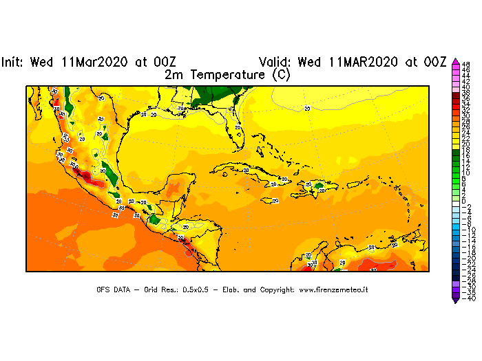 Mappa di analisi GFS - Temperatura a 2 metri dal suolo [°C] in Centro-America
							del 11/03/2020 00 <!--googleoff: index-->UTC<!--googleon: index-->