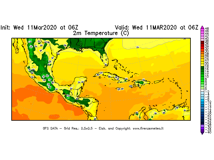 Mappa di analisi GFS - Temperatura a 2 metri dal suolo [°C] in Centro-America
							del 11/03/2020 06 <!--googleoff: index-->UTC<!--googleon: index-->