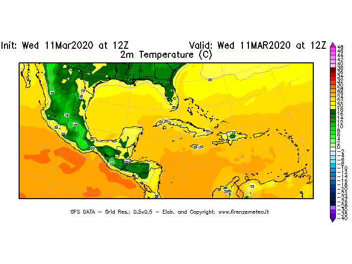 Mappa di analisi GFS - Temperatura a 2 metri dal suolo [°C] in Centro-America
							del 11/03/2020 12 <!--googleoff: index-->UTC<!--googleon: index-->