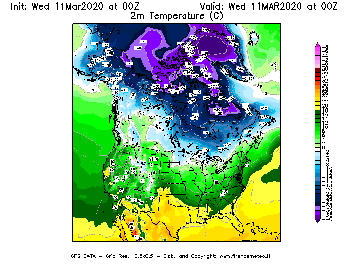 Mappa di analisi GFS - Temperatura a 2 metri dal suolo [°C] in Nord-America
							del 11/03/2020 00 <!--googleoff: index-->UTC<!--googleon: index-->