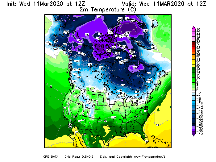 Mappa di analisi GFS - Temperatura a 2 metri dal suolo [°C] in Nord-America
							del 11/03/2020 12 <!--googleoff: index-->UTC<!--googleon: index-->
