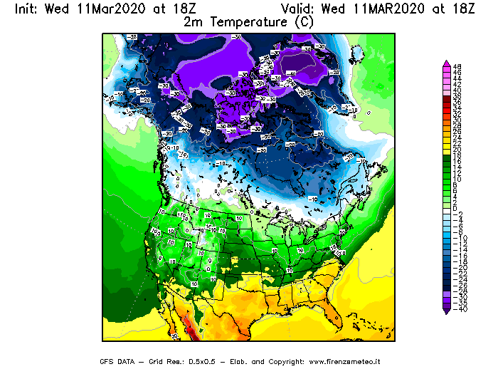 Mappa di analisi GFS - Temperatura a 2 metri dal suolo [°C] in Nord-America
							del 11/03/2020 18 <!--googleoff: index-->UTC<!--googleon: index-->