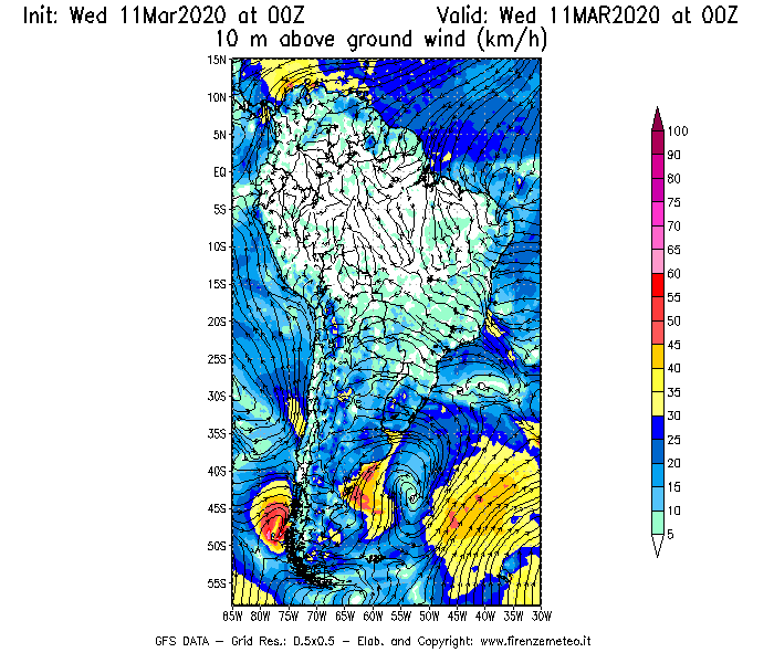 Mappa di analisi GFS - Velocità del vento a 10 metri dal suolo [km/h] in Sud-America
							del 11/03/2020 00 <!--googleoff: index-->UTC<!--googleon: index-->