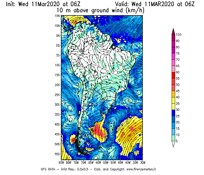 Mappa di analisi GFS - Velocità del vento a 10 metri dal suolo [km/h] in Sud-America
							del 11/03/2020 06 <!--googleoff: index-->UTC<!--googleon: index-->