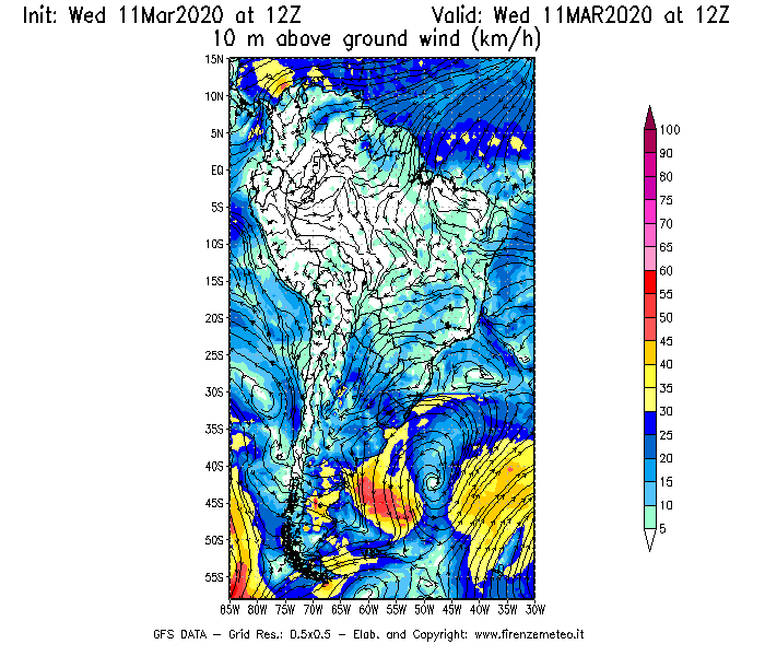 Mappa di analisi GFS - Velocità del vento a 10 metri dal suolo [km/h] in Sud-America
							del 11/03/2020 12 <!--googleoff: index-->UTC<!--googleon: index-->