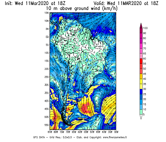 Mappa di analisi GFS - Velocità del vento a 10 metri dal suolo [km/h] in Sud-America
							del 11/03/2020 18 <!--googleoff: index-->UTC<!--googleon: index-->