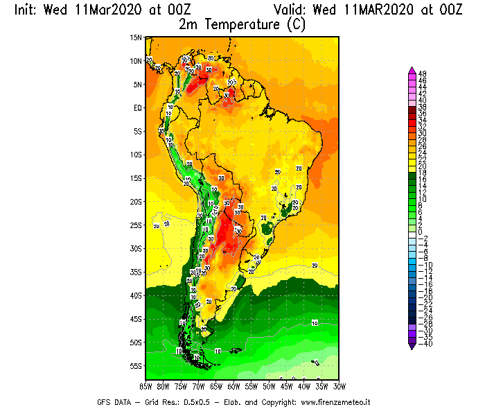 Mappa di analisi GFS - Temperatura a 2 metri dal suolo [°C] in Sud-America
							del 11/03/2020 00 <!--googleoff: index-->UTC<!--googleon: index-->