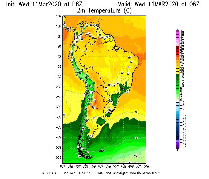 Mappa di analisi GFS - Temperatura a 2 metri dal suolo [°C] in Sud-America
							del 11/03/2020 06 <!--googleoff: index-->UTC<!--googleon: index-->