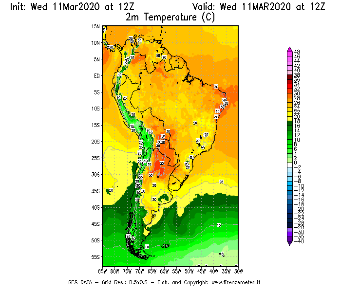Mappa di analisi GFS - Temperatura a 2 metri dal suolo [°C] in Sud-America
							del 11/03/2020 12 <!--googleoff: index-->UTC<!--googleon: index-->