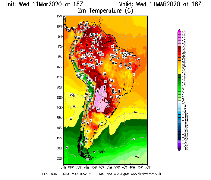 Mappa di analisi GFS - Temperatura a 2 metri dal suolo [°C] in Sud-America
							del 11/03/2020 18 <!--googleoff: index-->UTC<!--googleon: index-->