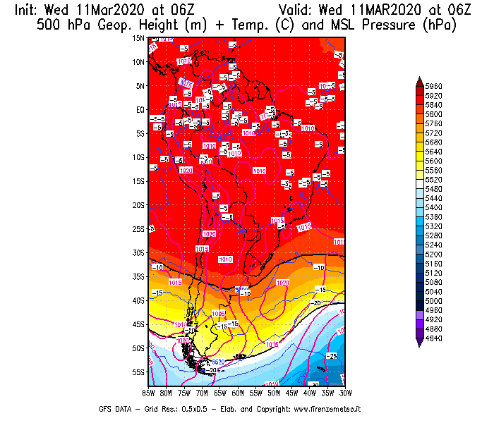 Mappa di analisi GFS - Geopotenziale [m] + Temp. [°C] a 500 hPa + Press. a livello del mare [hPa] in Sud-America
							del 11/03/2020 06 <!--googleoff: index-->UTC<!--googleon: index-->