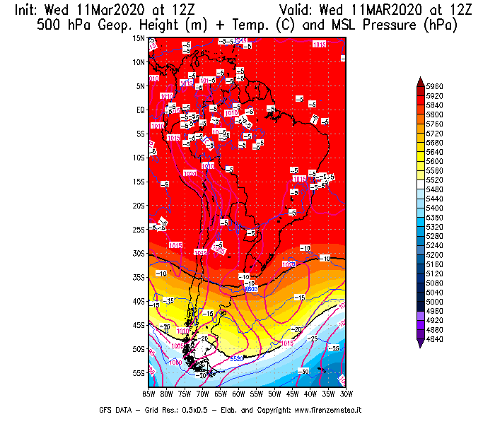 Mappa di analisi GFS - Geopotenziale [m] + Temp. [°C] a 500 hPa + Press. a livello del mare [hPa] in Sud-America
							del 11/03/2020 12 <!--googleoff: index-->UTC<!--googleon: index-->