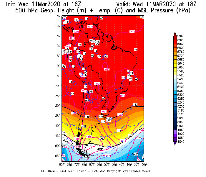 Mappa di analisi GFS - Geopotenziale [m] + Temp. [°C] a 500 hPa + Press. a livello del mare [hPa] in Sud-America
							del 11/03/2020 18 <!--googleoff: index-->UTC<!--googleon: index-->