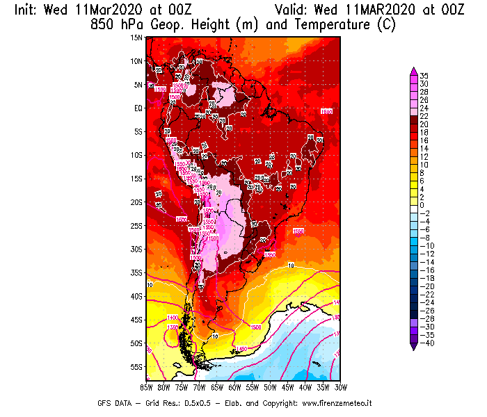 Mappa di analisi GFS - Geopotenziale [m] e Temperatura [°C] a 850 hPa in Sud-America
							del 11/03/2020 00 <!--googleoff: index-->UTC<!--googleon: index-->