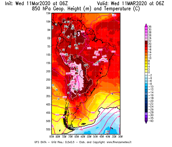 Mappa di analisi GFS - Geopotenziale [m] e Temperatura [°C] a 850 hPa in Sud-America
							del 11/03/2020 06 <!--googleoff: index-->UTC<!--googleon: index-->