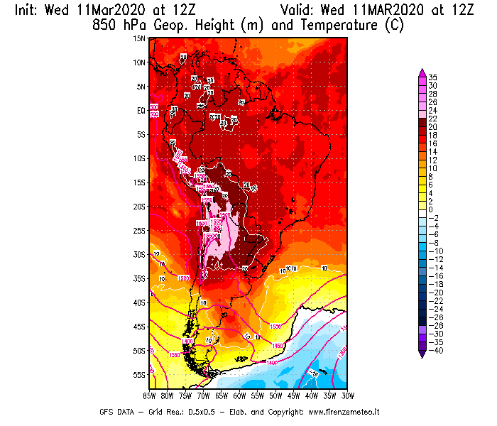 Mappa di analisi GFS - Geopotenziale [m] e Temperatura [°C] a 850 hPa in Sud-America
							del 11/03/2020 12 <!--googleoff: index-->UTC<!--googleon: index-->
