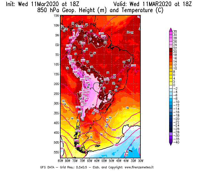 Mappa di analisi GFS - Geopotenziale [m] e Temperatura [°C] a 850 hPa in Sud-America
							del 11/03/2020 18 <!--googleoff: index-->UTC<!--googleon: index-->