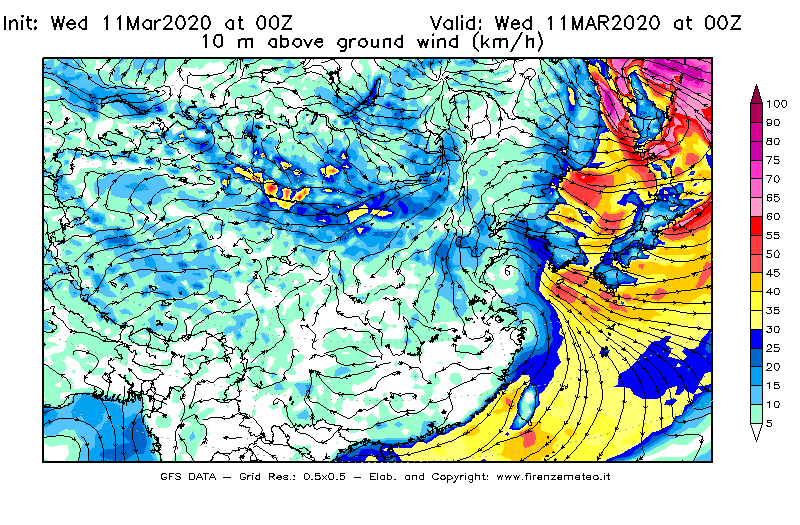 Mappa di analisi GFS - Velocità del vento a 10 metri dal suolo [km/h] in Asia Orientale
							del 11/03/2020 00 <!--googleoff: index-->UTC<!--googleon: index-->