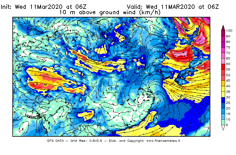Mappa di analisi GFS - Velocità del vento a 10 metri dal suolo [km/h] in Asia Orientale
							del 11/03/2020 06 <!--googleoff: index-->UTC<!--googleon: index-->