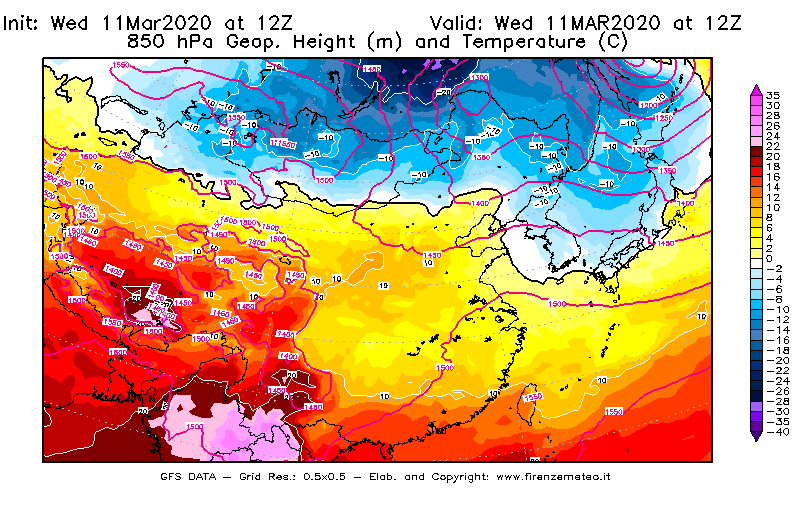 Mappa di analisi GFS - Geopotenziale [m] e Temperatura [°C] a 850 hPa in Asia Orientale
							del 11/03/2020 12 <!--googleoff: index-->UTC<!--googleon: index-->