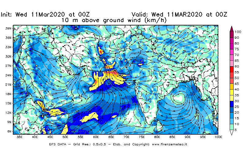 Mappa di analisi GFS - Velocità del vento a 10 metri dal suolo [km/h] in Asia Sud-Occidentale
							del 11/03/2020 00 <!--googleoff: index-->UTC<!--googleon: index-->