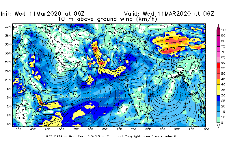 Mappa di analisi GFS - Velocità del vento a 10 metri dal suolo [km/h] in Asia Sud-Occidentale
							del 11/03/2020 06 <!--googleoff: index-->UTC<!--googleon: index-->