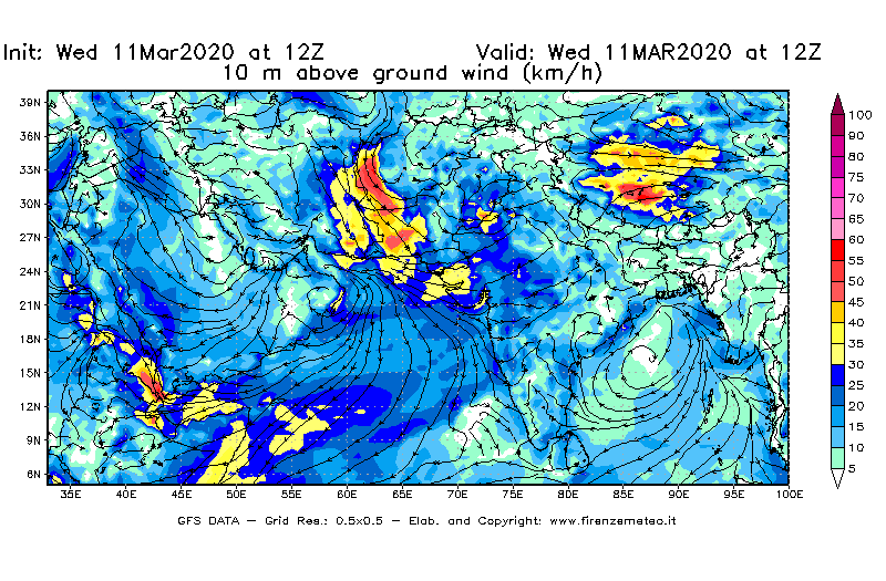 Mappa di analisi GFS - Velocità del vento a 10 metri dal suolo [km/h] in Asia Sud-Occidentale
							del 11/03/2020 12 <!--googleoff: index-->UTC<!--googleon: index-->