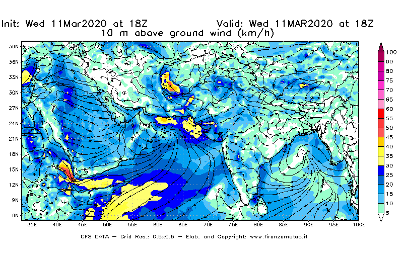 Mappa di analisi GFS - Velocità del vento a 10 metri dal suolo [km/h] in Asia Sud-Occidentale
							del 11/03/2020 18 <!--googleoff: index-->UTC<!--googleon: index-->