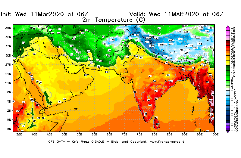 Mappa di analisi GFS - Temperatura a 2 metri dal suolo [°C] in Asia Sud-Occidentale
							del 11/03/2020 06 <!--googleoff: index-->UTC<!--googleon: index-->